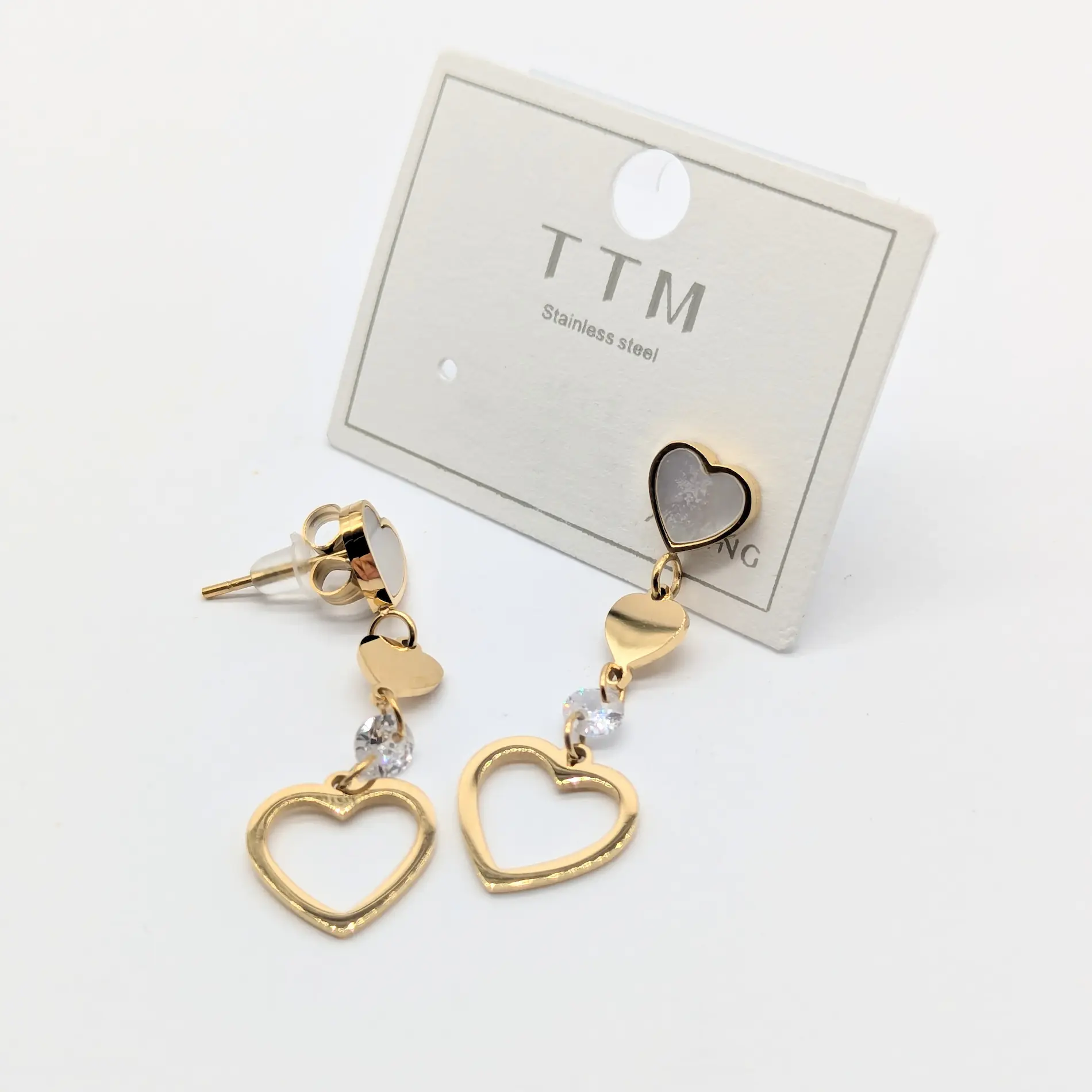 Сережки TTM «Серця з білою вставкою» 1.2×3.1 см