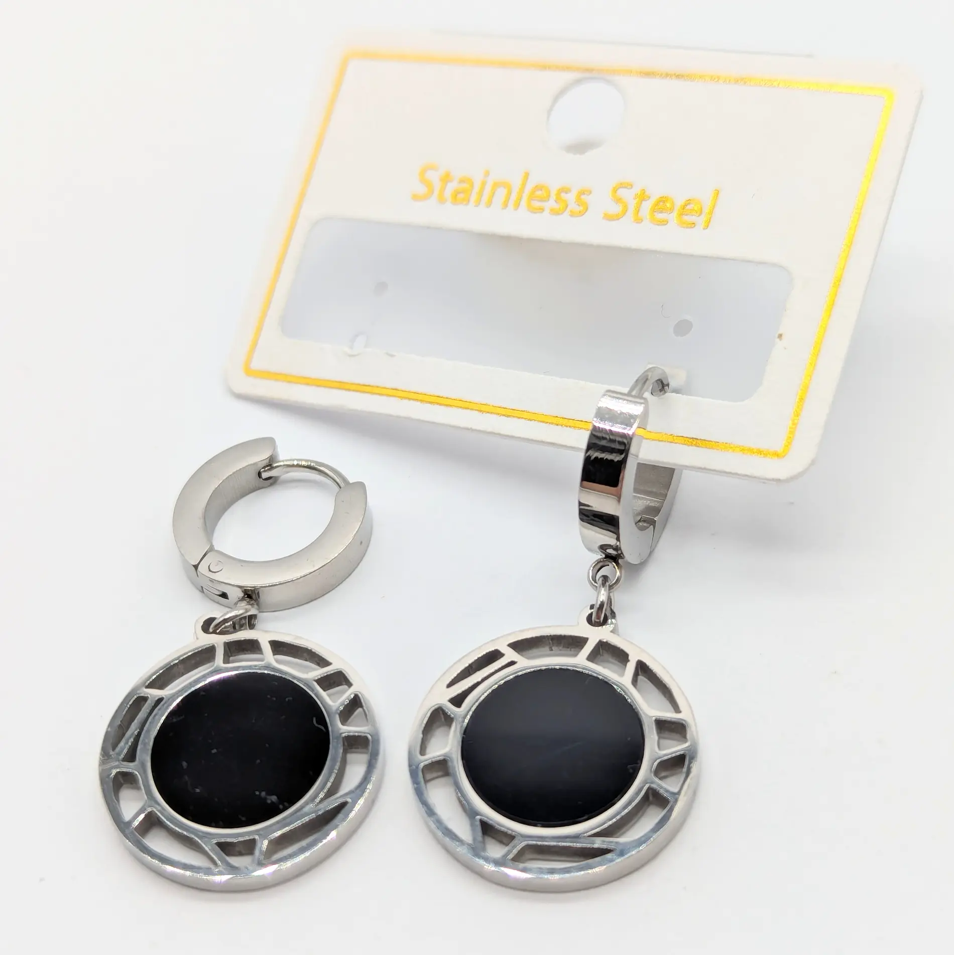 Сережки Stainless Steel РС “Акцент” Сталь. Срібло з чорною вставкою, довжина 3.5см × Ширина 1.8 см